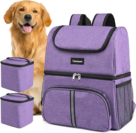 Dog Travel Bag Airline Approved Pet Supplies Backpack with 2 Food Container Dog Bags for Traveling Camping Hiking Purple