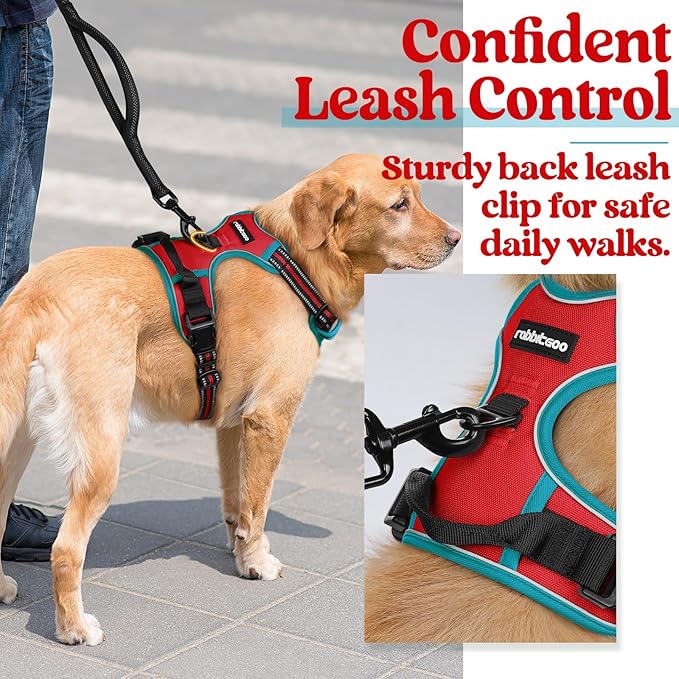 rabbitgoo Dog Harness, No-Pull Pet Harness with 2 Leash Clips, Adjustable Soft Padded Dog Vest, Reflective No-Choke Pet Oxford Vest with Easy Control Handle for Large Dogs, Red & Teal, XL