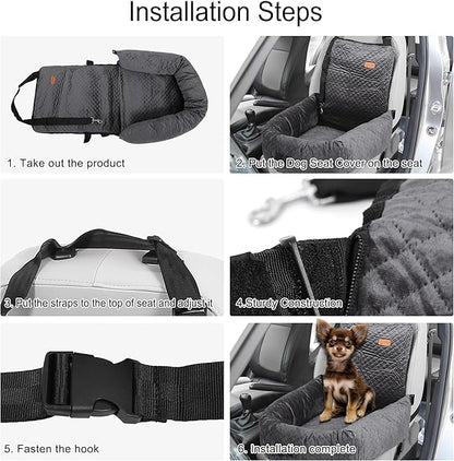 X AUTOHAUX Car Dog Bed Cat Seats Booster Seat Flannel Puppy Bed Back Car Dog Seat for Travel Safety Carseat/Carrier Detachable Washable Cover with Seat Belt for Medium Small Sized 5-15 lb