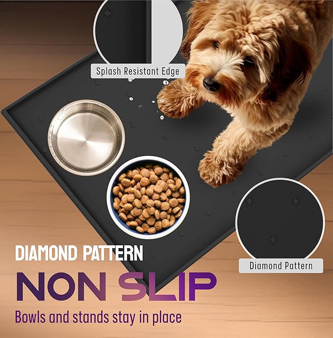 Dog Food Mat - 28x18” Large Cat Food Mat, Raised Edges Dog Mat for Food and Water Prevent Spill, Waterproof Silicone Pet Food Mat for Floors, Easy Clean Dog Bowl Mats for Food and Water