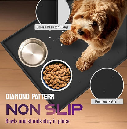 Dog Food Mat - 28x18” Large Cat Food Mat, Raised Edges Dog Mat for Food and Water Prevent Spill, Waterproof Silicone Pet Food Mat for Floors, Easy Clean Dog Bowl Mats for Food and Water