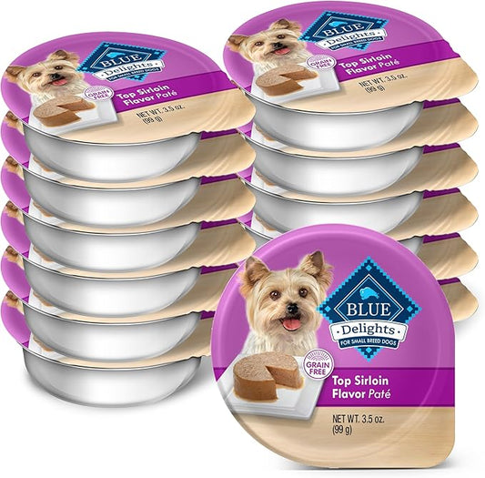 Blue Buffalo Delights Natural Adult Small Breed Wet Dog Food Cups, Pate Style, Top Sirloin Flavor in Savory Juice 3.5-oz (Pack of 12)