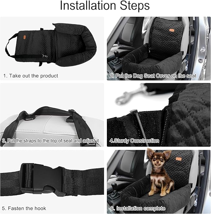 X AUTOHAUX Dog Car Pet Booster Seat Warm Flannel Puppy Bed Blankets Travel Safety Carriers Detachable Washable Cover with Seat Belt for Medium Small Sized Pet Cat Up to 35lbs Black