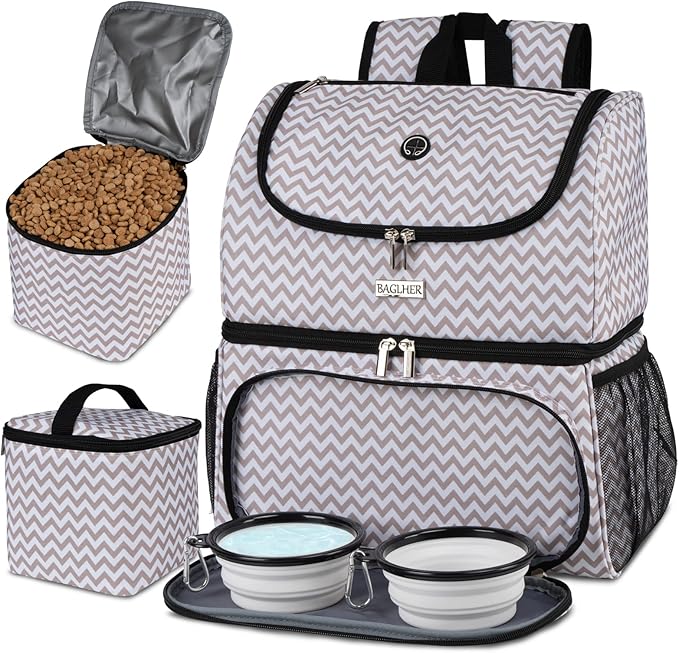 BAGLHER Pet Travel Bag, Double-Layer Pet Supplies Backpack (for All Pet Travel Supplies), Pet Travel Backpack with 2 Silicone Collapsible Bowls and 2 Food Baskets BLW