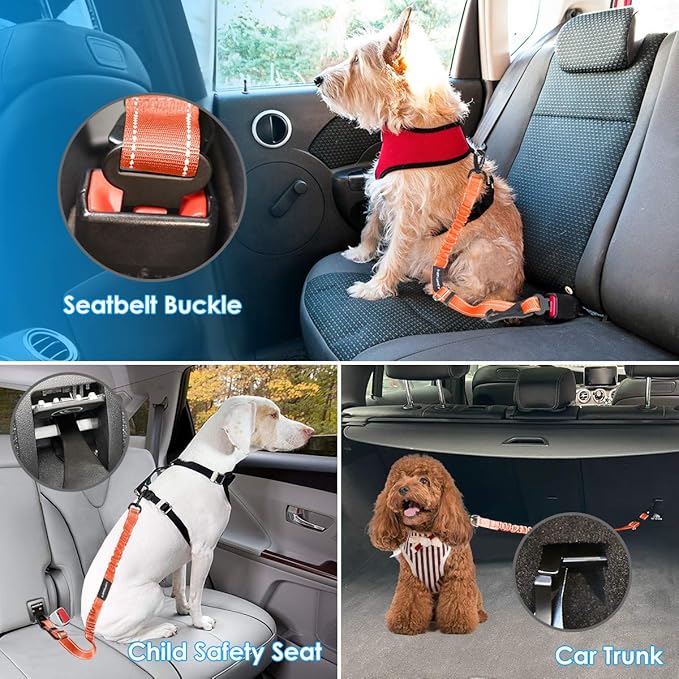 URPOWER Upgraded Dog Seat Belt 3-in-1Car Seatbelts 2 Pack Adjustable Pet Seat Belt for Vehicle Nylon Pet Safety Seat Belts Heavy Duty & Elastic & Durable Car Seat Belt for Dogs and Pets Orange