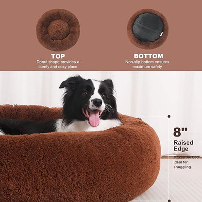 36" Calming Dog Bed with Removable Cover,Anti Anxiety Donut Dog Bed,Plush Round Pet Beds for Large Dogs,Fluffy Faux Fur Dog Bed,Washable Cuddler Dog Bed(Brown,Large)