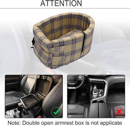 X AUTOHAUX Large Plaid Style Dog Car Seat Adjustable Straps for Medium Small Sized Puppy Cat Seat Pets Soft Non Slip Bottom Travel Bed Beige Yellow