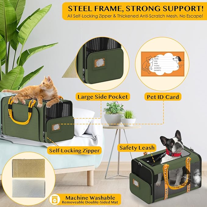 PAWZIDEA Expandable Pet Carrier w/ID Card, 18X11X11in TSA Airline Approved Cat Carrier for 2 Cats Under Seat, Soft-Sided Collapsible Small Dog Carrier Car Seat Travel Bag, Puppy Cat Crate Top Load