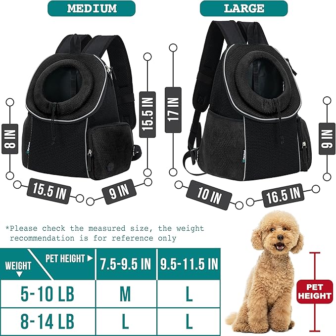 PetAmi Dog Front Carrier Backpack, Extra Ventilated Adjustable Pet Cat Chest Carrier Backpack, Small Dog Carrier for Hiking Camping Travel, Medium Dog Puppy Large Cat Carrying Bag, Max 10 lbs, Black