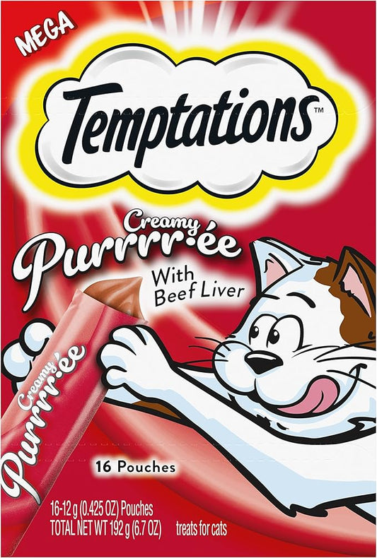 Temptations Creamy Puree with Beef Liver Lickable, Squeezable Cat Treats, 0.42 oz Pouches, 16 Count