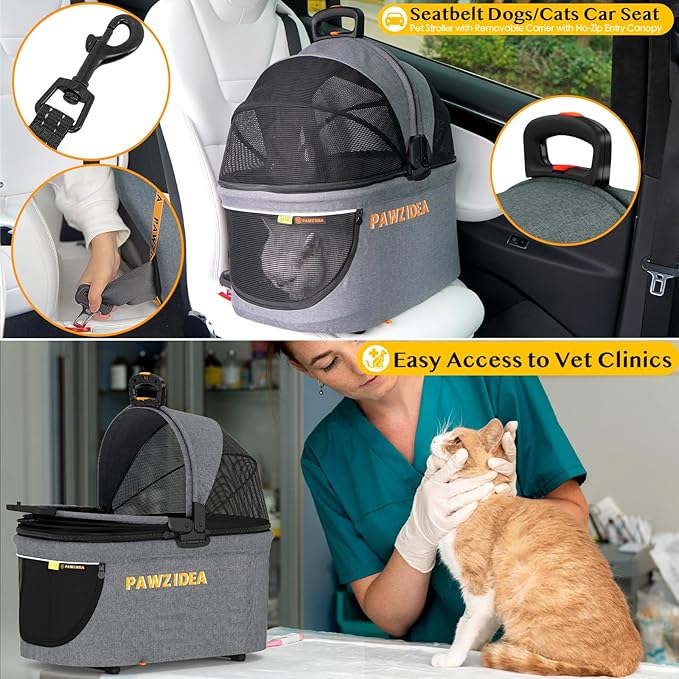 PAWZIDEA Double Pet Stroller for 2 Cats Dogs Small & Medium, TSA Airline Approved Cat Carrier Expandable, Cat Stroller with Removable Carrier Bag, 2 Dog Stroller Detachable Carrier, Travel Car Seat