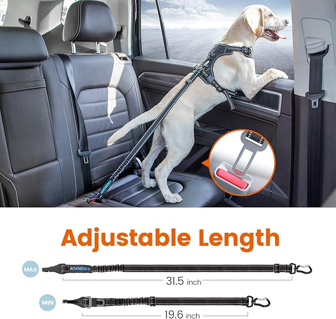 IOKHEIRA Dog Seatbelt, Updated Adjustable Harness Reflective Bungee Dog Car Seat Belt with Aviation Aluminum Alloy Rotatable Carabiner, Hook & Buckle