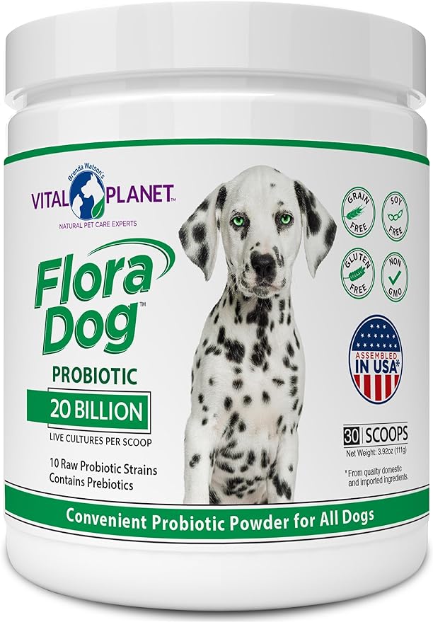 Vital Planet - Flora Dog Probiotic Powder Supplement with 20 Billion Cultures and 10 Strains, High Potency Immune and Digestive Support Probiotics for Dogs, 3.92 oz., 111 Grams, 30 Servings