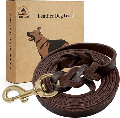 FAIRWIN Braided Leather Dog Training Leash 6 Foot M:5/8" x 6ft)