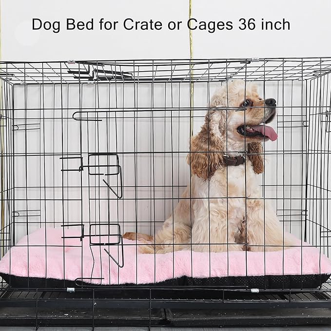 36 Inch Dog Crate Pad Pink Washable,Ultra Soft Cute Dog Crate Bed 36 x 24 with Anti-Slip Bottom,Deluxe Faux Fur Pet Kennel Beds Dog Sleeping Mat for Large Medium Dogs Breeds Up to 55 Lbs