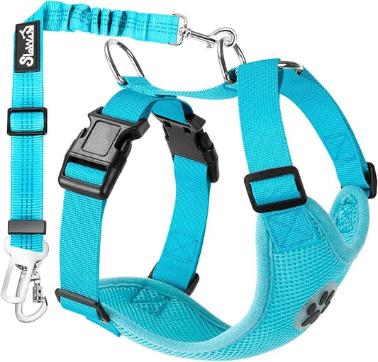 Lukovee Dog Seat Belt for Car, Adjustable Dog Car Harness for Large Medium Small Dogs, Soft Padded & Breathable Mesh Dog Seatbelt with Car Strap and Carabiner(Light Blue Double Clip,Medium)