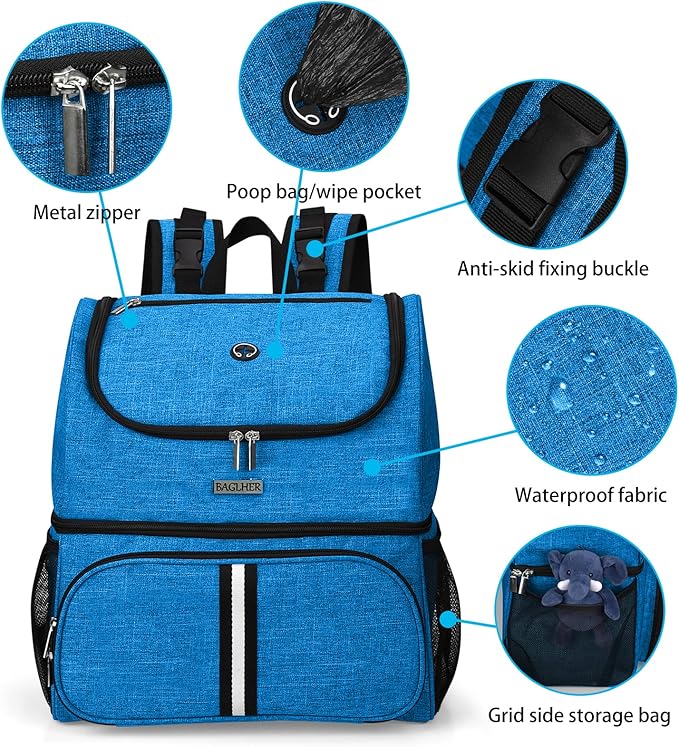 BAGLHER Pet Travel Bag, Double-Layer Pet Supplies Backpack (for All Pet Travel Supplies), Pet Travel Backpack with 2 Silicone Collapsible Bowls and 2 Food Baskets Blue