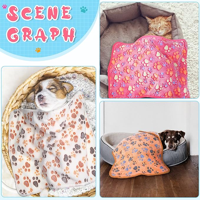 4 Pcs Pet Blanket Dog Puppy Blanket Paw Print Fleece Blanket for Small Medium Pet Dog Cat Warm Soft Sleep Mat Guinea Pig Cage Liners Blanket (White,Small(24 x 16 Inch))