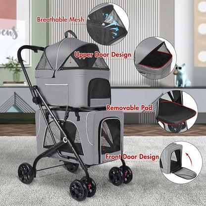 Double Pet Stroller with 2 Detachable Carrier Bags