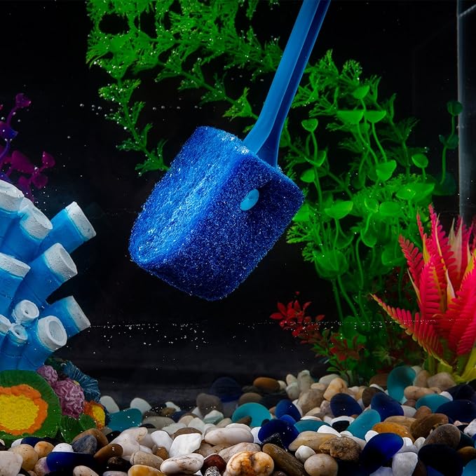 SLSON Aquarium Algae Scraper Double Sided Sponge Brush Cleaner Long Handle Fish Tank Scrubber for Glass Aquariums and Home Kitchen,15.4 inches