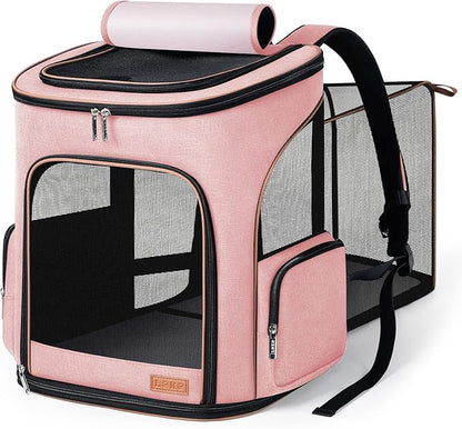 Lekereise Pet Carrier Backpack Expandable Cat Backpack Carrier for Small Dogs Large Cats Puppies, Dog Backpack Carrier for Hiking Travel Outdoor Hold Pets Up to 20 25 Lbs, Pink