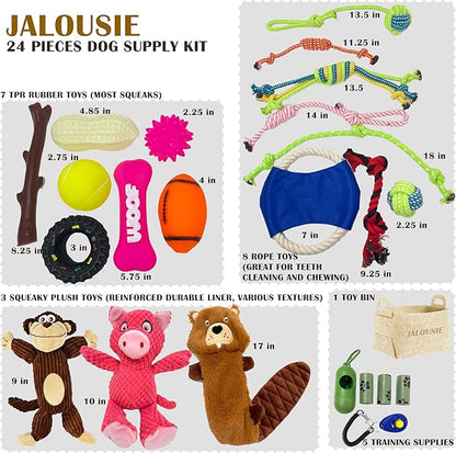 Jalousie 24 Pieces Dog Gift Basket for Medium Dog Breeds, Large Breeds, Small Breeds, Squeaky Toys, Plush Toy, Rubber Toys, Rope Toys, Training Toys and a Dog Toy Basket - Puppy Starter Kit