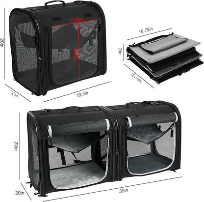 Portable 2-in-1 Pet Carrier, HSSZXFR Double Cat Travel Carrier for Medium Dogs Large Cat, Double Travel Kennel Kit, Dog Travel Crate with Portable Carry Bag, Hammocks, Mats, Pet Bowls for Outdoor