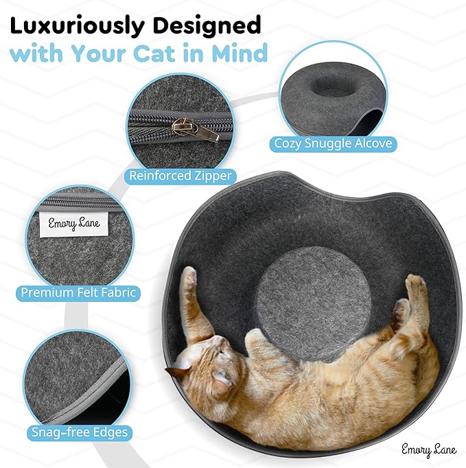 Emory Lane - Premium Cat Cave for Small Pets, Multifunctional Donut Tunnel Bed for Indoor Pets, Round Felt Pet Cave with Premium Zipper, for Pets up to 40 Lbs (24x24x11 Inch) (Dark Gray)