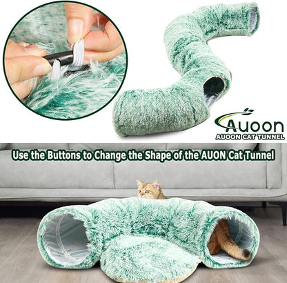 AUOON Cat Tunnel Bed with Central Mat,Big Tube Playground Toys,Soft Plush Material,Full Moon Shape for Kitten,Cat,Puppy,Rabbit,Ferret (Creen)