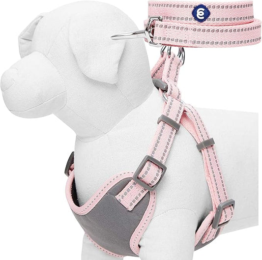 Blueberry Pet Essentials Pastel Color Reflective Matching Dog Harness Vest and Leash Set in Baby Pink, Adjustable Harness with 5 ft Leash for Medium Dogs