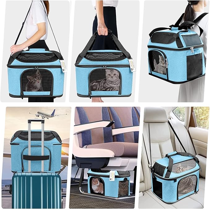 Large Cat Carrier for 2 Cats, Oeko-TEX Certified Soft Side Pet Carrier for Cat, Small Dog, Collapsible Travel Small Dog Carrier, TSA Airline Approved Cat Carrier for Large Cats 20 lbs, Blue