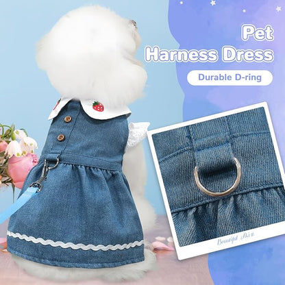 Denim Dog Dress for Small Dogs Cats Cute Girl Dog Clothes Cute Strawberry Female Pet Dresses Spring Summer Pet Outfits for Chihuahua Yorkie Shih Tzu(Dark Blue,X-Large)
