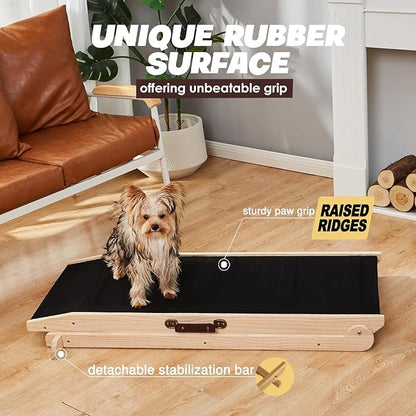 Woohoo Dog Ramp for Bed- 18" Extra Wide - Non-Slip Rubber Surface - Folding Wooden Pet Ramp for Bed and Couch - Dog Ramp for Large, Small, Old Dogs - Adjustable from 13" to 24" - Rated for 250LBS