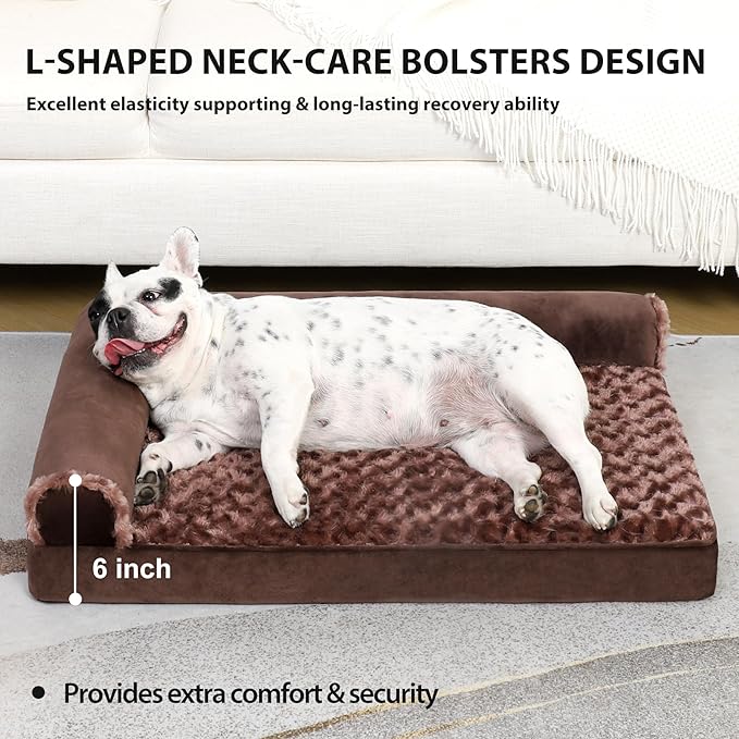 Orthopedic Dog Bed Deluxe Plush L-Shaped Dog Couch Beds with Waterproof Lining Bolster Dog Sleeping Sofa with Removable Washable Cover & Nonskid Bottom Pet Bed for Medium Large Jumbo Dogs 30 x 20 Inch
