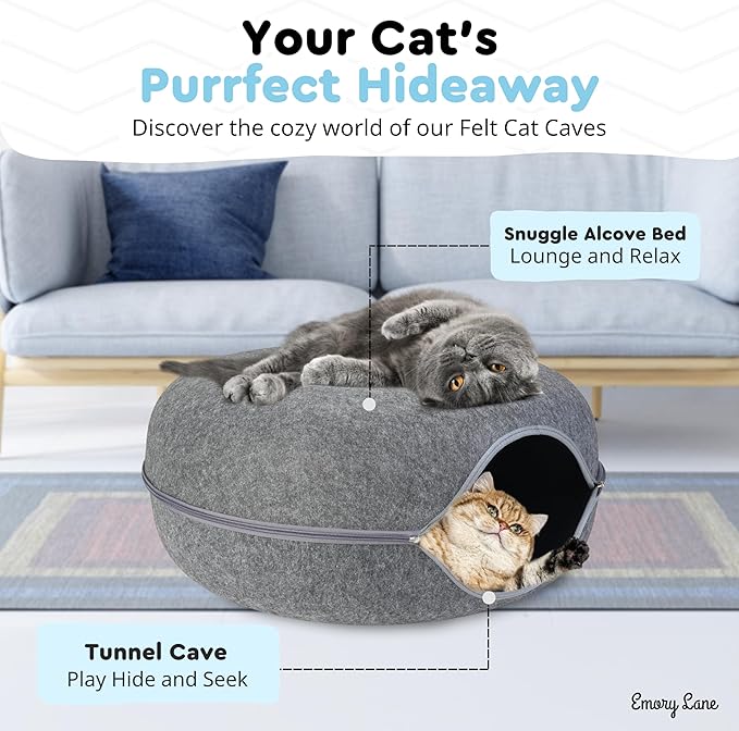 Emory Lane - Premium Cat Cave for Small Pets, Multifunctional Donut Tunnel Bed for Indoor Pets, Round Felt Pet Cave with Premium Zipper, for Pets up to 40 Lbs (24x24x11 Inch) (Dark Gray)