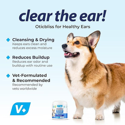 VETNIQUE Oticbliss Advanced Cleaning Ear Wipes for Dogs & Cats for Odor Control 100ct Wipes