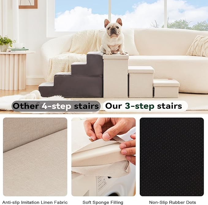 Love's cabin Dog Stairs for Small Medium or Large Dogs with Storage and Adjustable Steps 3-Step Gray 200 lbs,