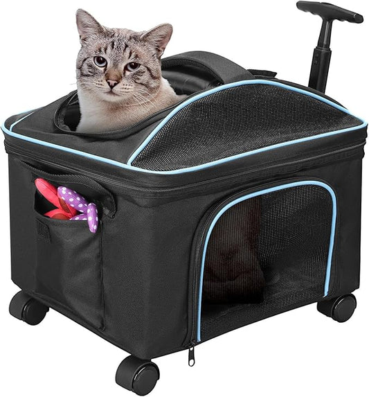 Airline Approved Cat Dog Carrier w Silent Wheel, Pet Carriers for Small Dogs Cats, Soft Travel Carrier Bag w Handle and Shoulder,Ideal for Outdoor (Black)