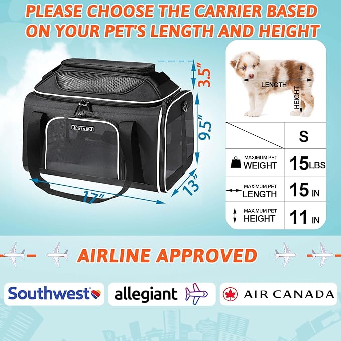 Petskd Top-Expandable Pet Carrier 17x13x9.5 Inches Southwest Allegiant Airline Approved, Soft-Sided Carrier for Small Cats and Dogs with Locking Safety Zippers and Anti-Scratch Mesh(Black)