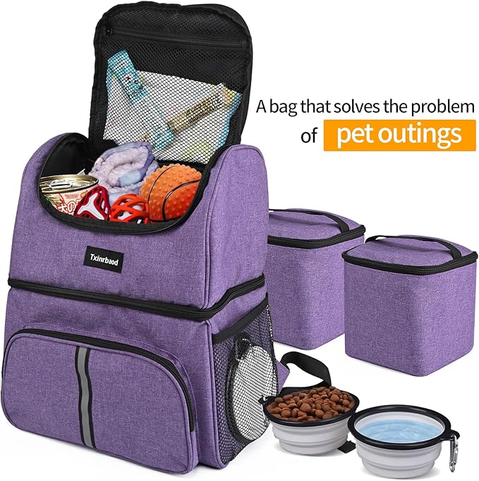 Dog Travel Bag Airline Approved Pet Supplies Backpack with 2 Food Container Dog Bags for Traveling Camping Hiking Purple