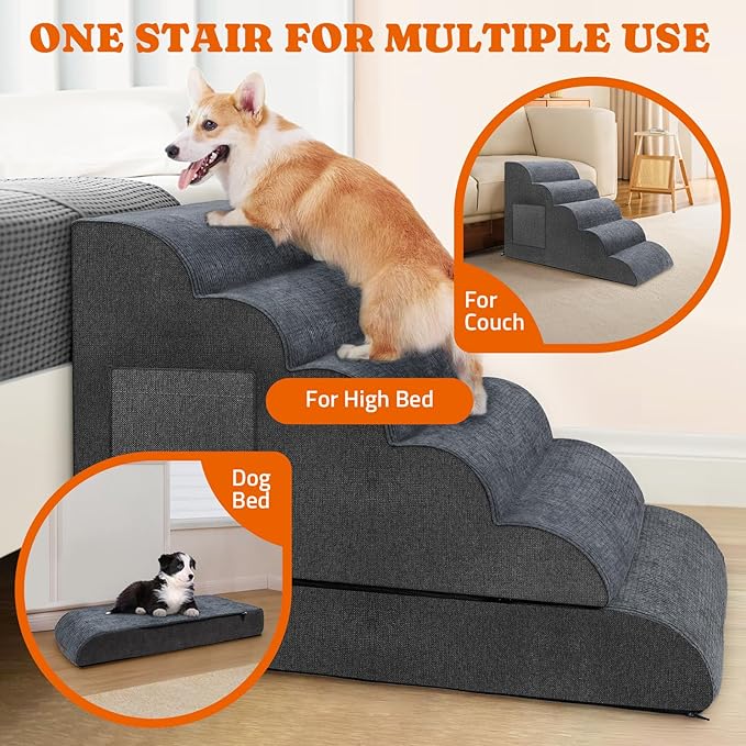 Dog Stairs for High Bed: Foam Pet Stairs for Dogs to Get on Bed Couch 24" Tall 6 Tiers,