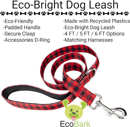 EcoBark Dog Leash - Soft & Reflective Comfort Leash with Padded Handle - Strong Durable Heavy Duty - Training and Pulling for Small, Medium or Large Dogs (Red Buffalo Plaid)