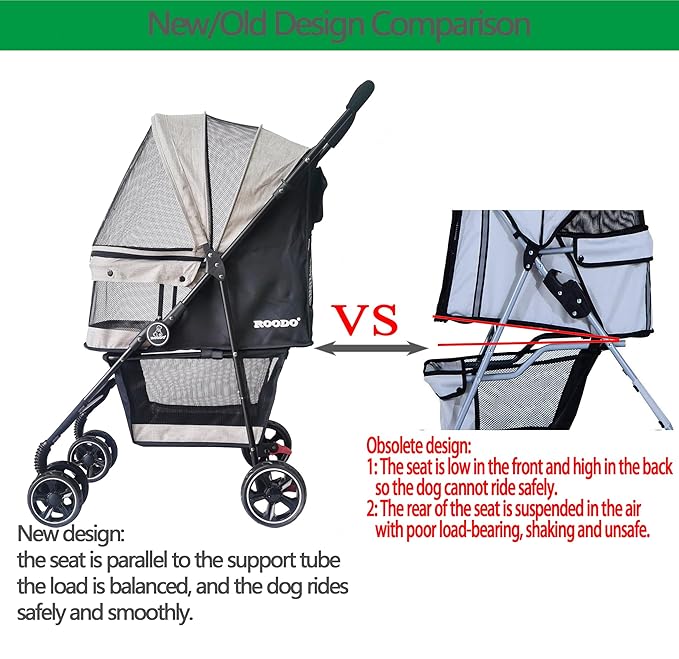 ROODO Dog Stroller 4 Wheel Pet Stroller Cat 30lbs(Light Khaki)