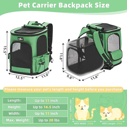 Cat Carrier Backpack, Expandable Pet Dog Backpack Carrier with Breathable Mesh for Small Medium Cat Dog Under 20LBS, Foldable Puppy Kitten Backpack Carrier for Hiking Travel Camping, Green