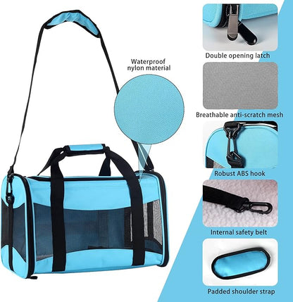 Cat Carrying Case - Pet Carrier Airline Approved, Protable and Breathable Pet Travel Carrier Removable Fleece Pad, Collapsible Cat Carrier Dog Carrier for Medium Cats Small Cats Dogs(Medium, Blue)