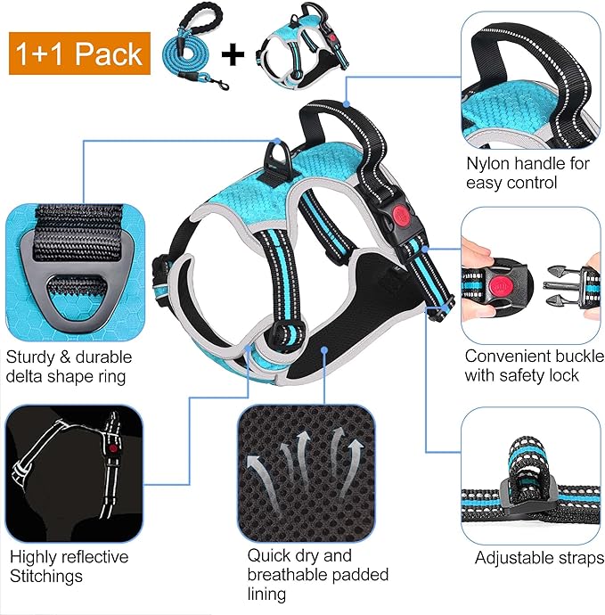 tobeDRI No Pull Dog Harness Adjustable Reflective Oxford Easy Control Medium Large Dog Harness with A Free Heavy Duty 5ft Dog Leash