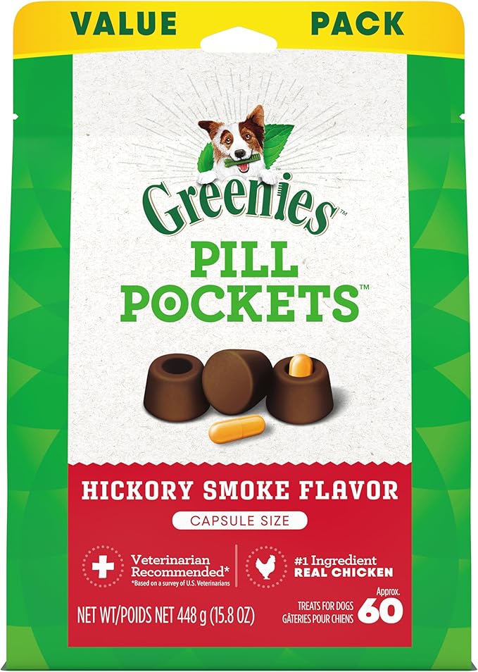 GREENIES PILL POCKETS for Dogs Capsule Size Natural Soft Dog Treats, Hickory Smoke Flavor, 15.8 oz. Pack (60 Treats)