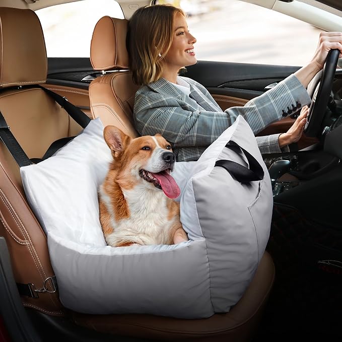 YITAHOME Dog Car Seat for Small Dogs Up to 20lbs, Portable Pet Booster Seats with Storage Pocket, Straps, Washable and Detachable, Soft Car Travel Dog Bed, Light Grey