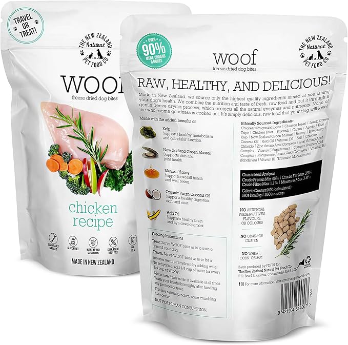 Woof Freeze Dried Dog Food - Chicken Recipe, High Protein, Dog Food Topper & Dog Treats, All Life Stages, 1.76 oz