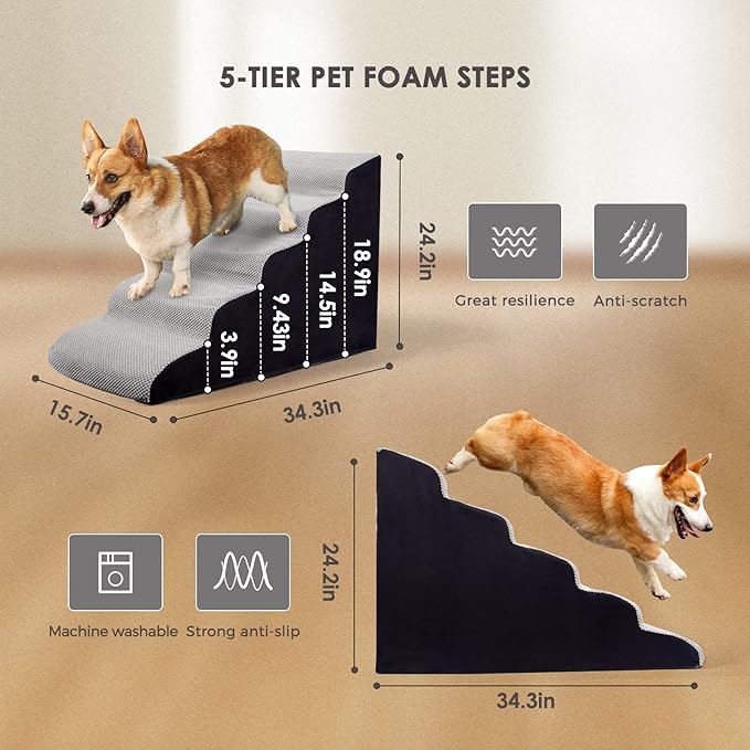 24 Inches Dog Stairs, 5 Steps Dog Stairs for High Beds 24-28" High, Pet Steps for Small Dogs/Cats, Older Injured Pets with Joint Pain, Non-Slip 30D High Density Foam Dog Ramp